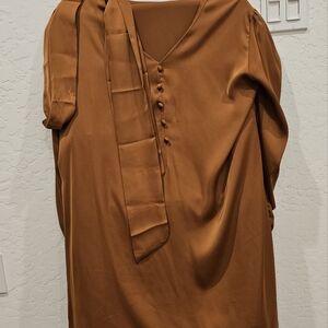 Brown Long Sleeve Tie Front Midi Dress